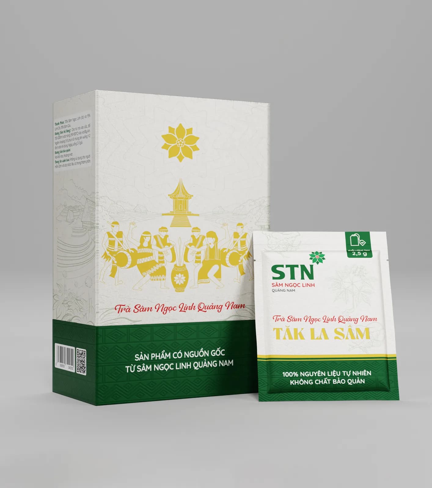 Hình dựng bao bì trà sâm Ngọc Linh Tăk La Sâm: hộp giấy kem và túi trà